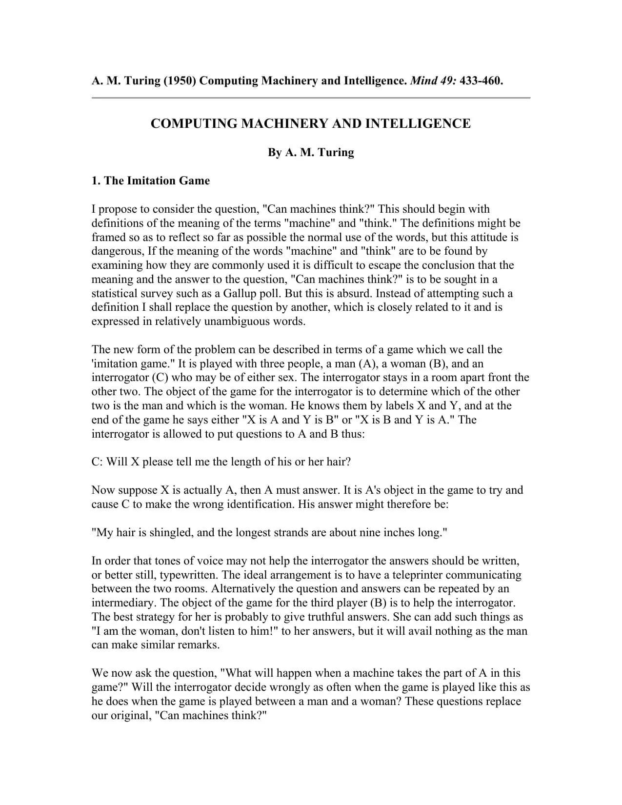 First page of "Computing Machinery and Intelligence"