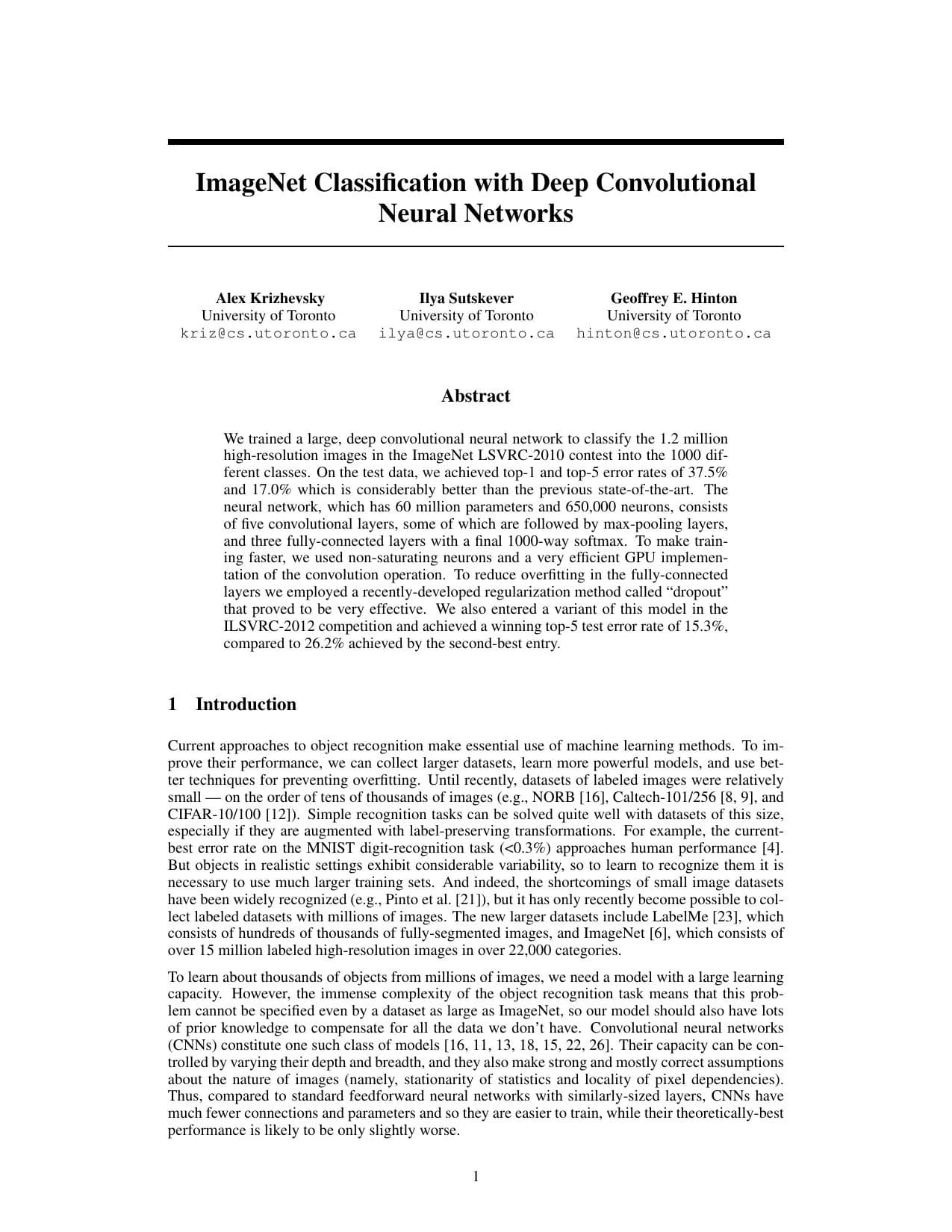 First page of "ImageNet Classification with Deep Convolutional Neural Networks"