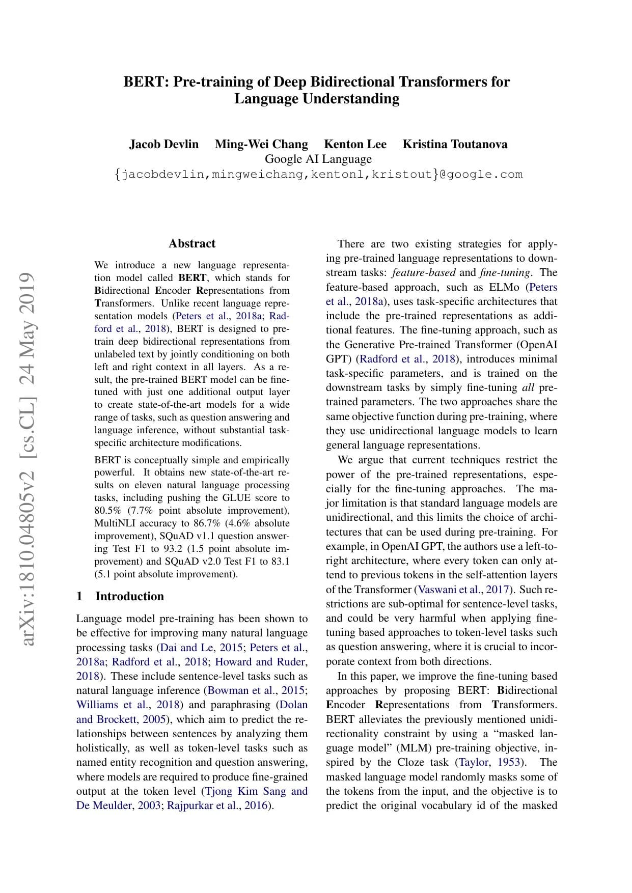First page of "BERT: Pre-training of Deep Bidirectional Transformers for Language Understanding"