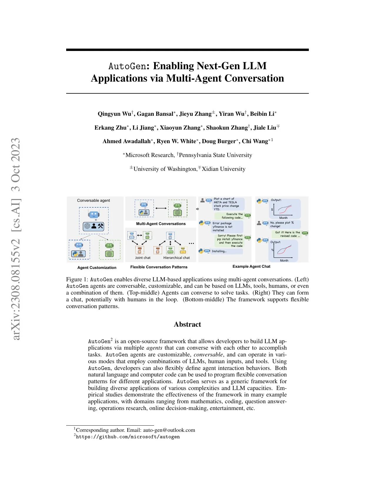 First page of "AutoGen: Enabling Next-Gen LLM Applications via Multi-Agent Conversation"