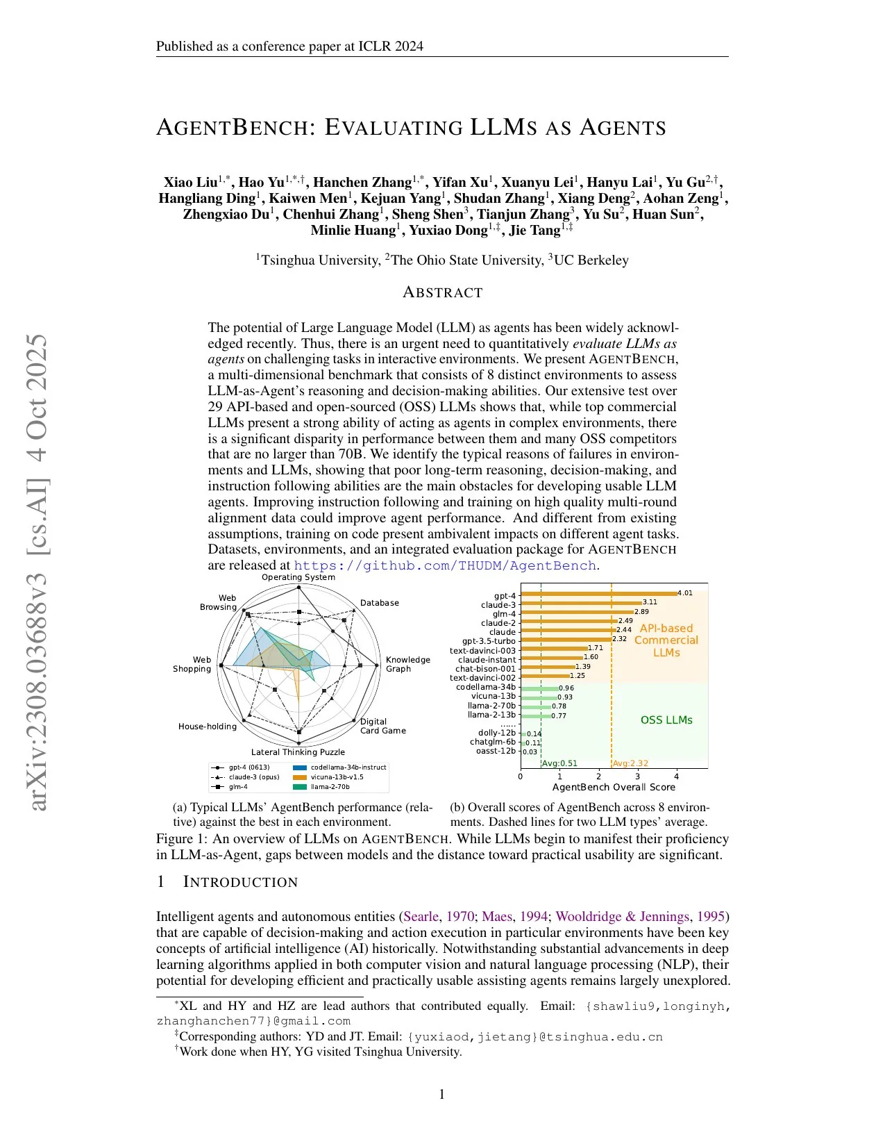 First page of "AgentBench: Evaluating LLMs as Agents"
