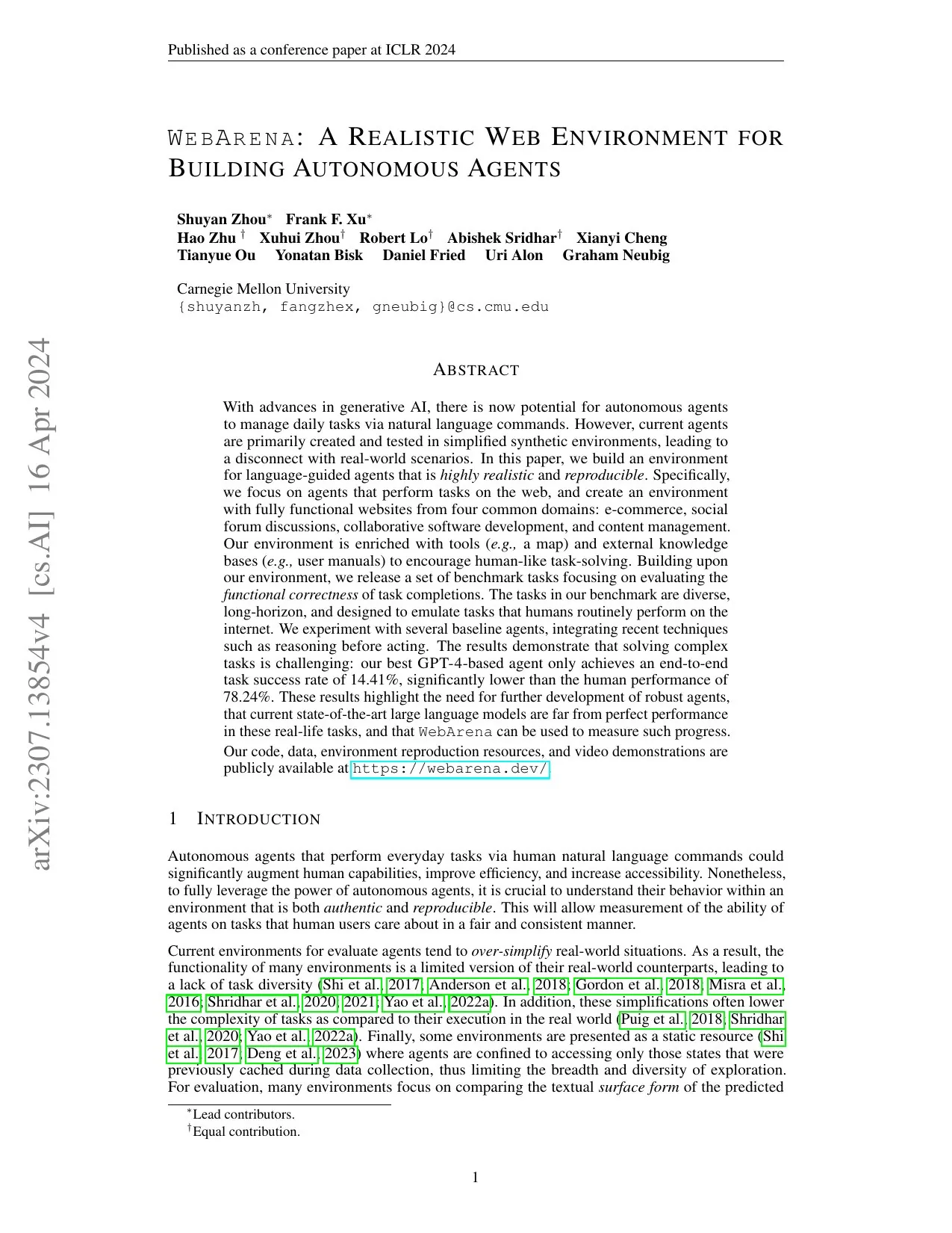 First page of "WebArena: A Realistic Web Environment for Building Autonomous Agents"
