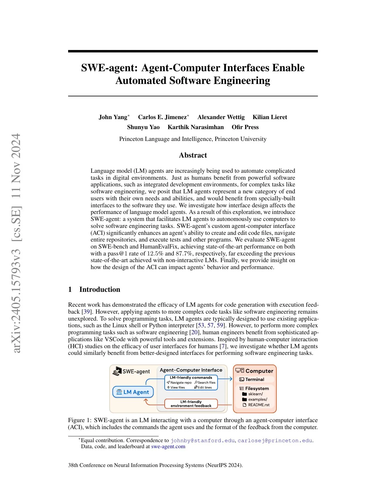 First page of "SWE-agent: Agent-Computer Interfaces Enable Automated Software Engineering"