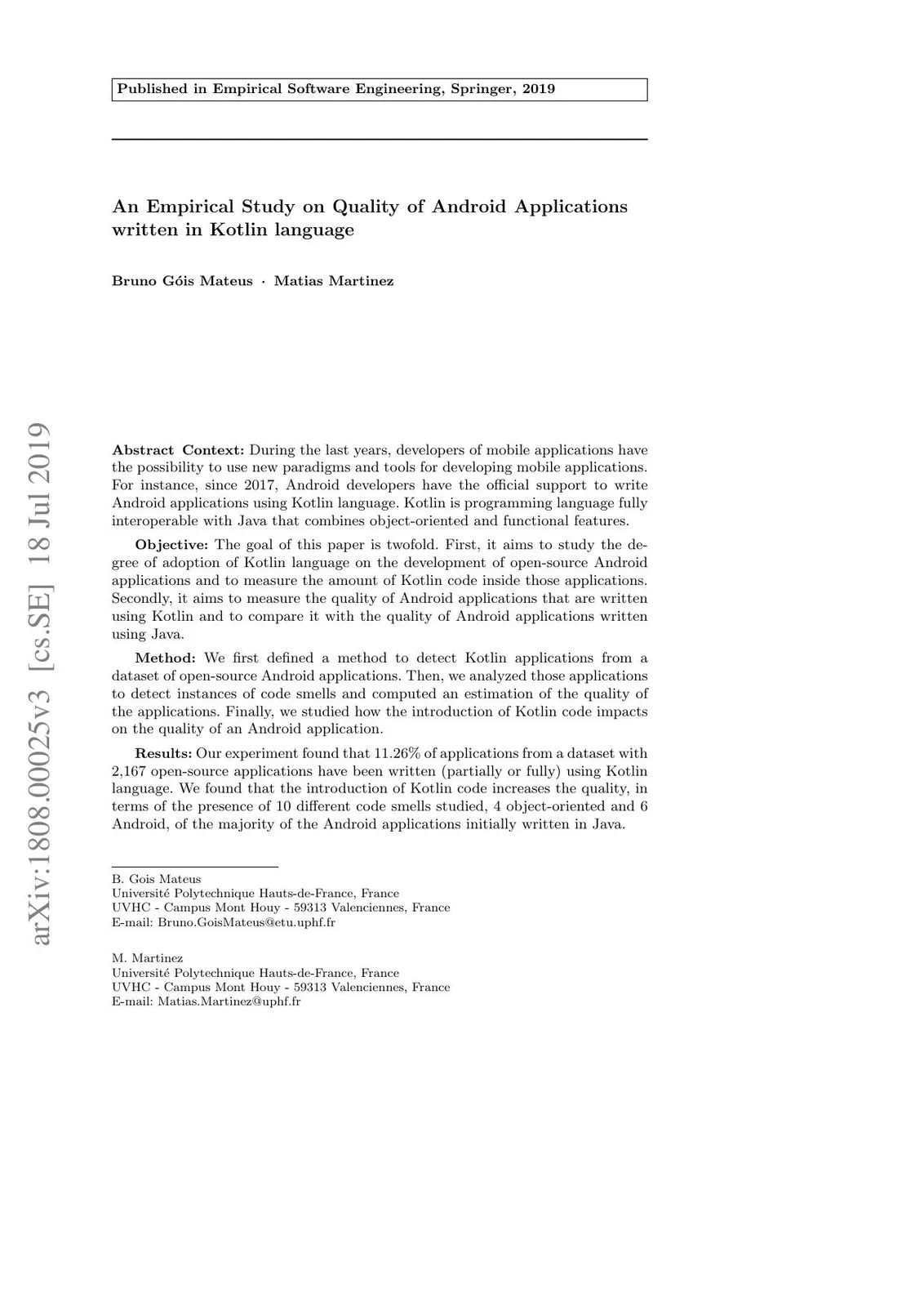 First page of "An Empirical Study on Quality of Android Applications Written in Kotlin"