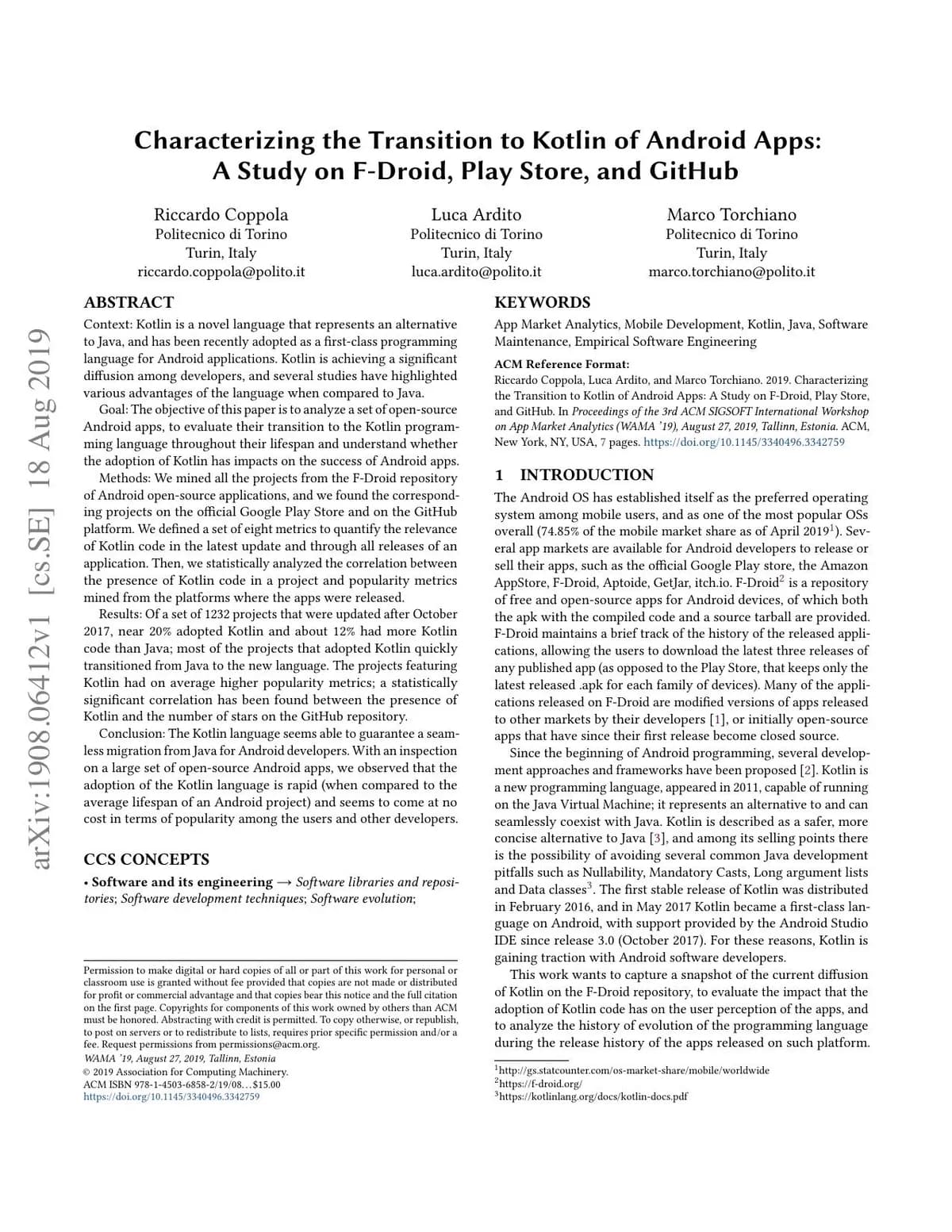 First page of "Characterizing the Transition to Kotlin of Android Apps"
