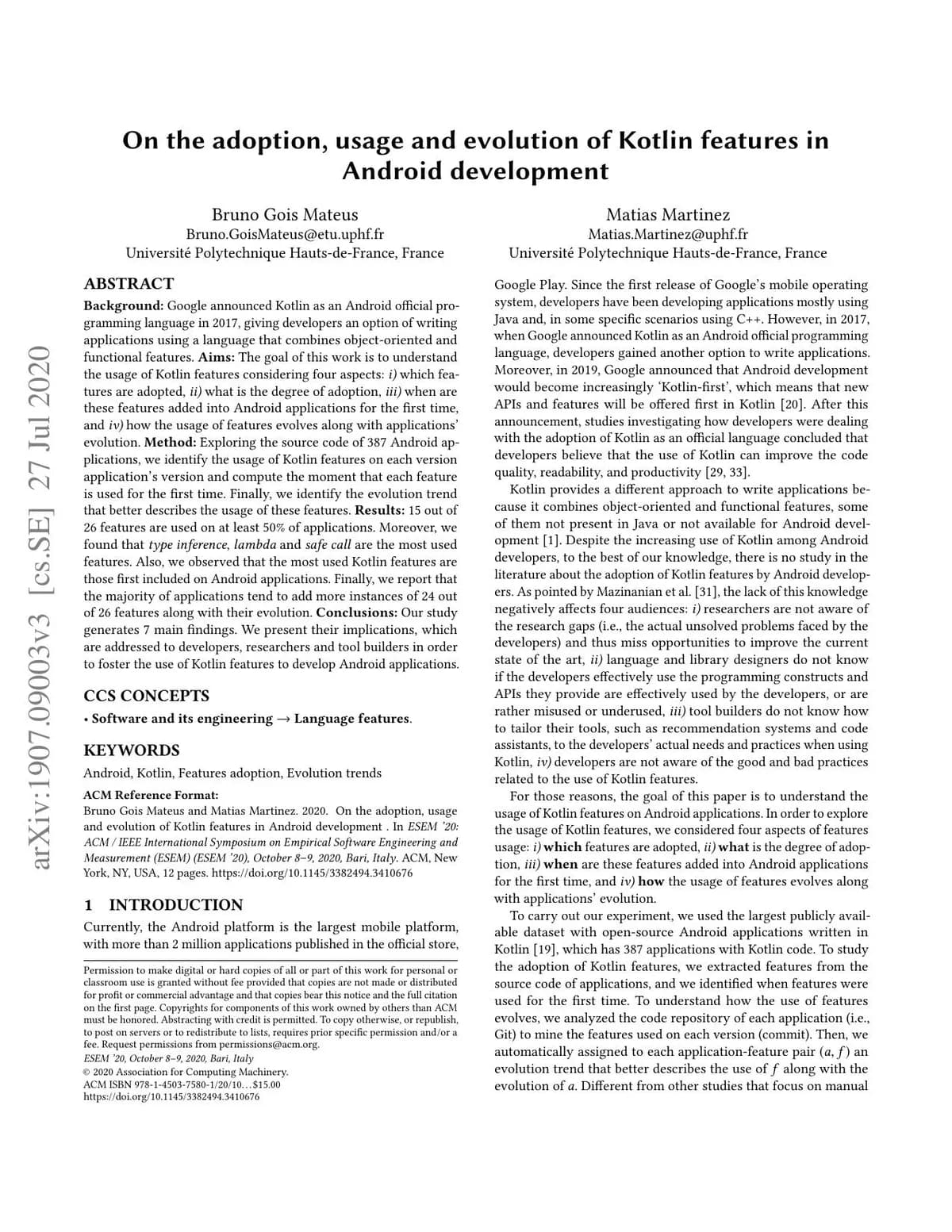 First page of "On the Adoption, Usage and Evolution of Kotlin Features in Android Development"