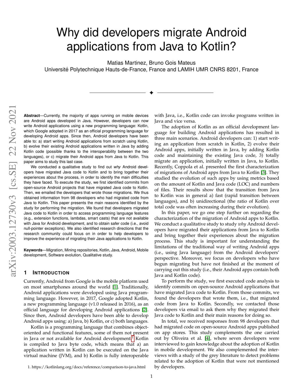First page of "Why Did Developers Migrate Android Applications From Java to Kotlin?"