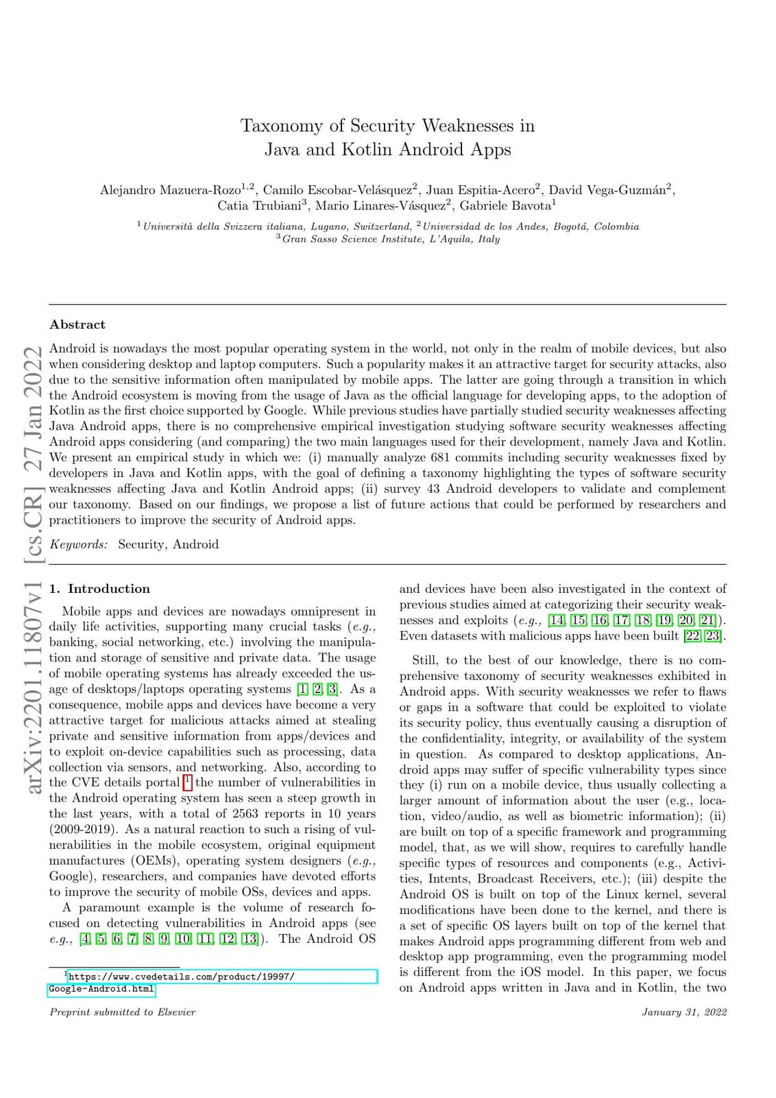 First page of "Taxonomy of Security Weaknesses in Java and Kotlin Android Apps"