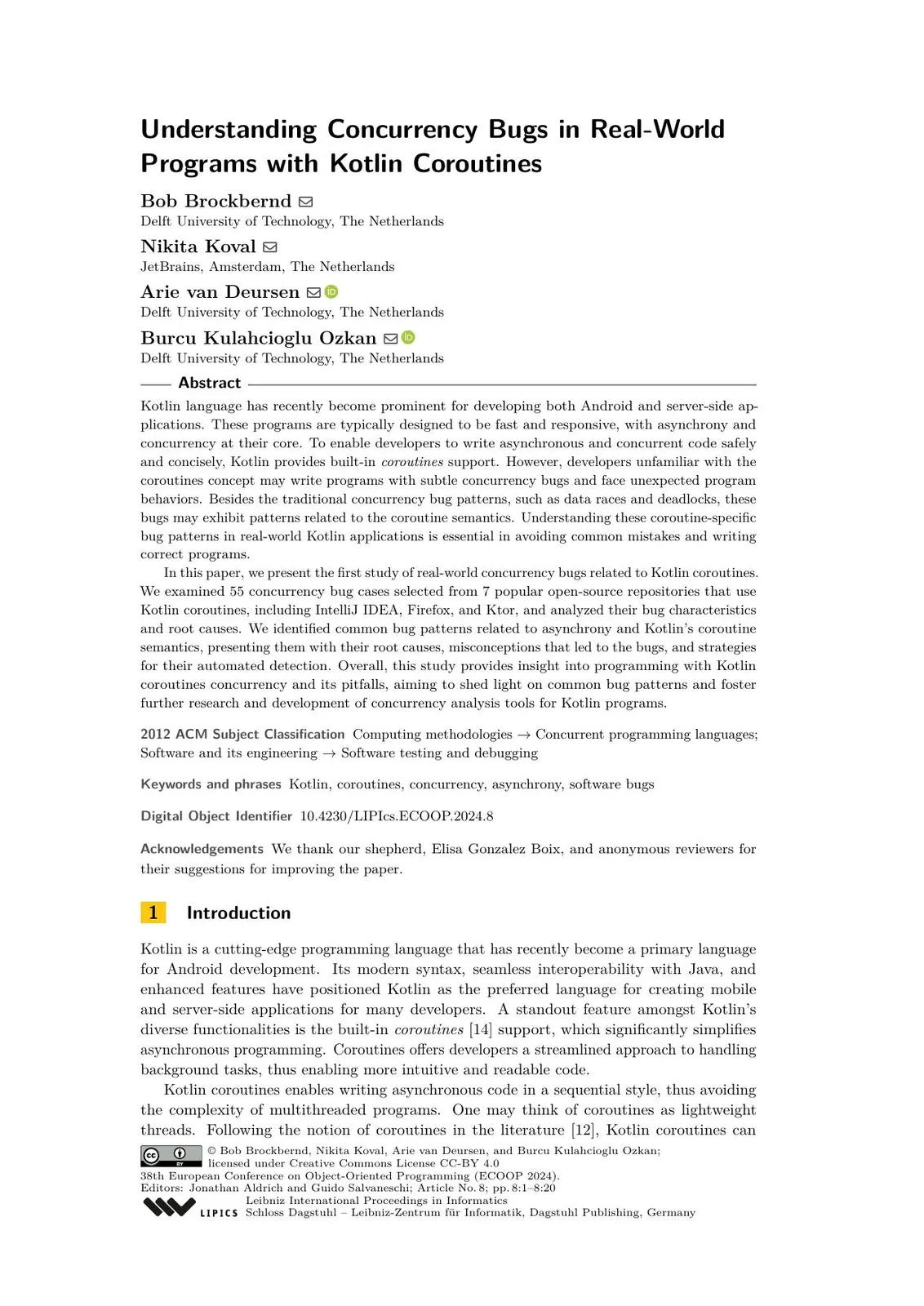 First page of "Understanding Concurrency Bugs in Programs with Kotlin Coroutines"