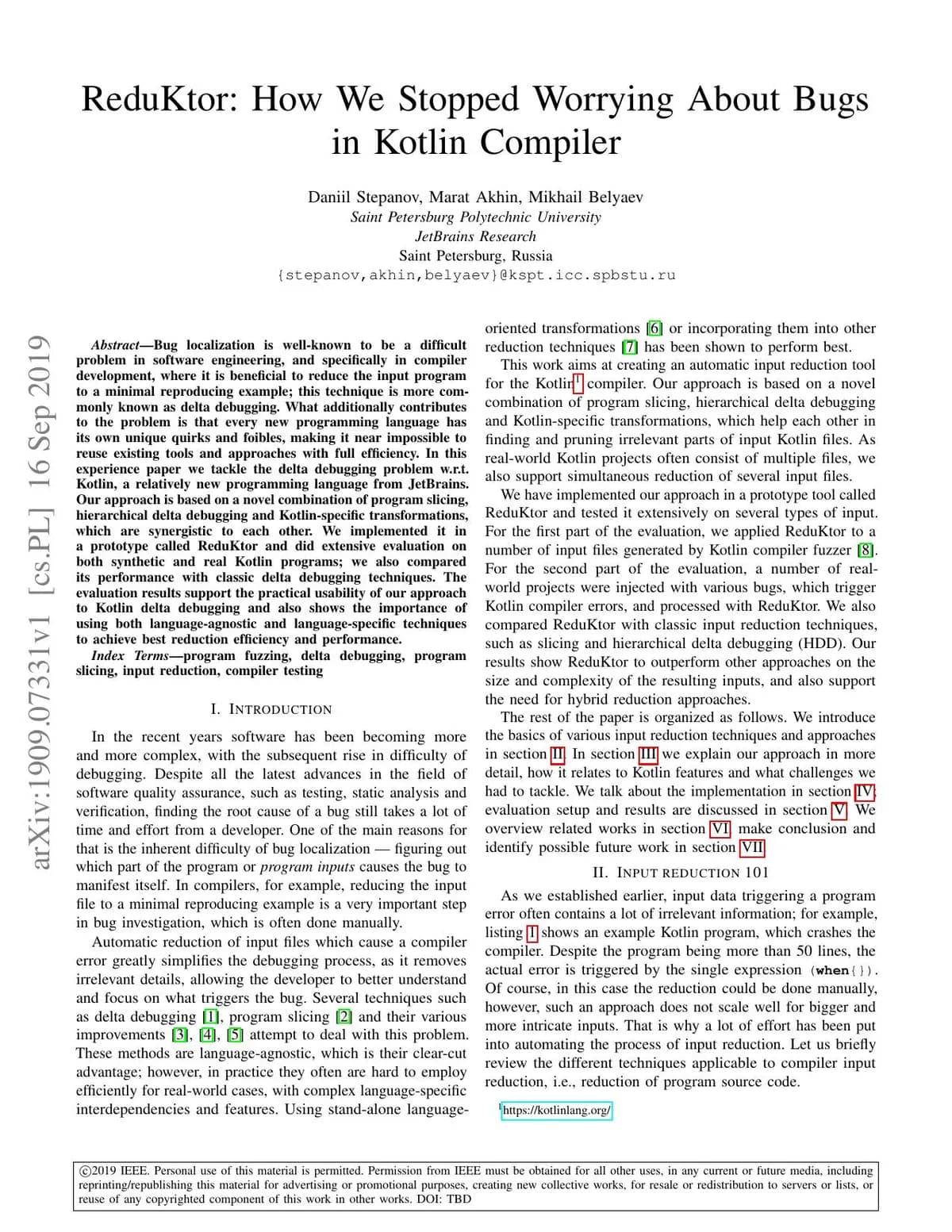 First page of "ReduKtor: How We Stopped Worrying About Bugs in Kotlin Compiler"