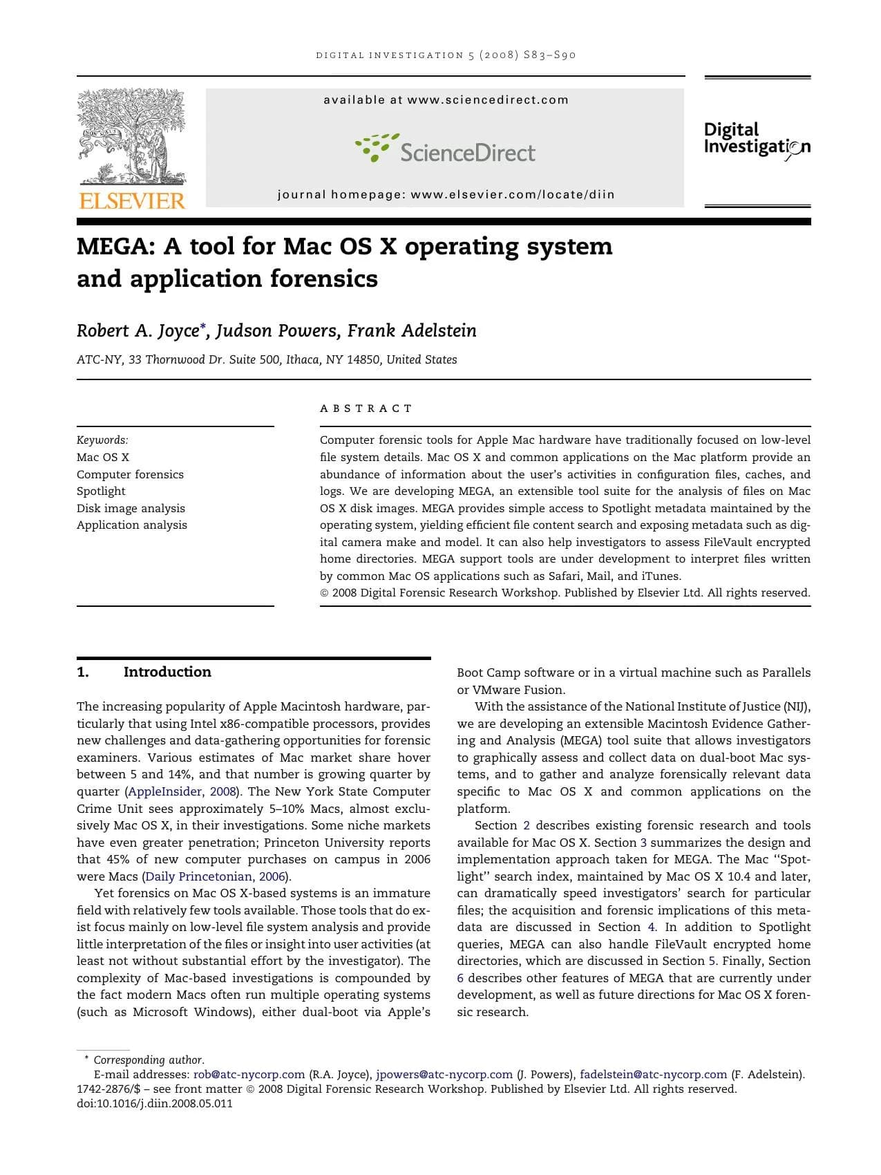 First page of "MEGA: A Tool for Mac OS X Operating System and Application Forensics"
