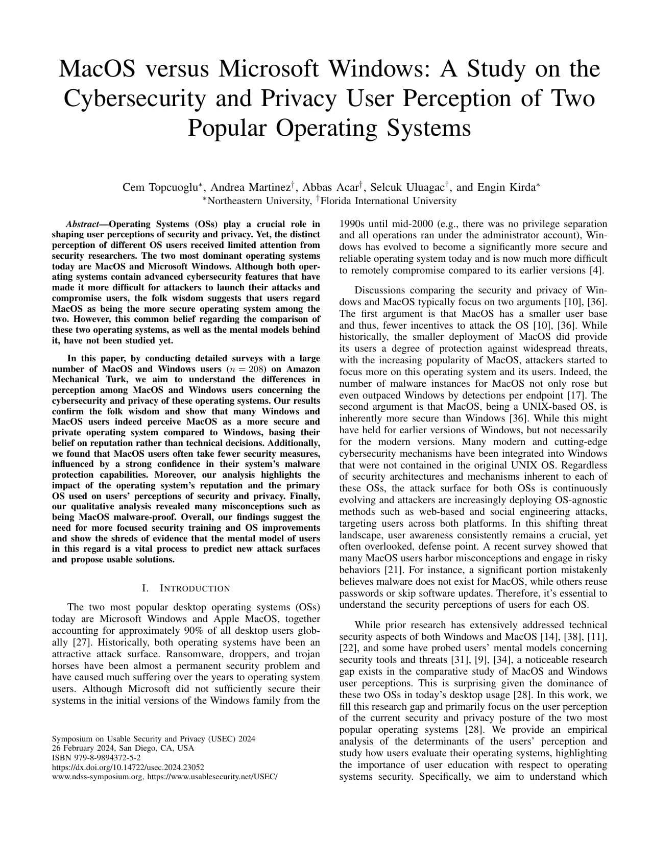 First page of "macOS versus Microsoft Windows: A Study on the Cybersecurity and Privacy User Perception"