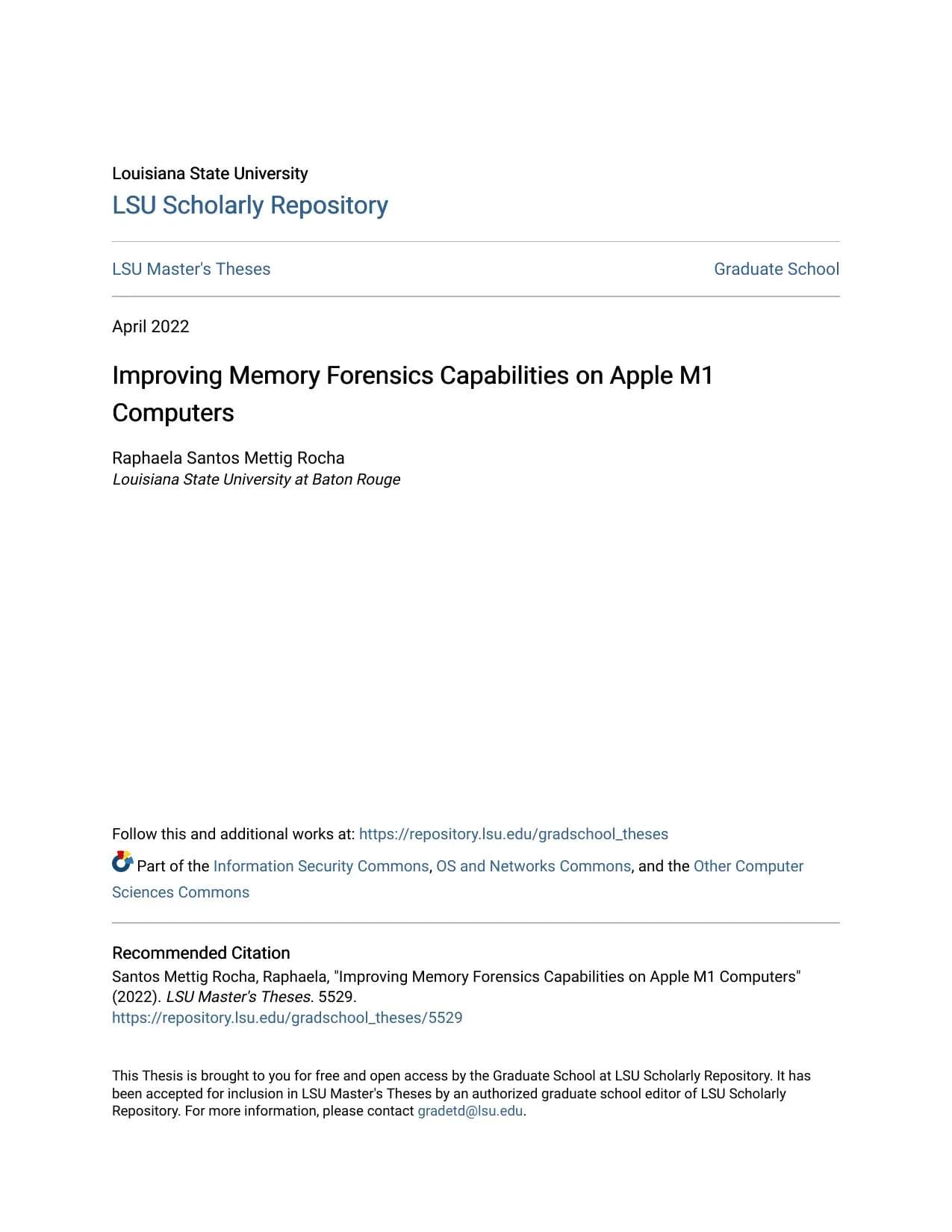 First page of "Improving Memory Forensics Capabilities on Apple M1 Computers"