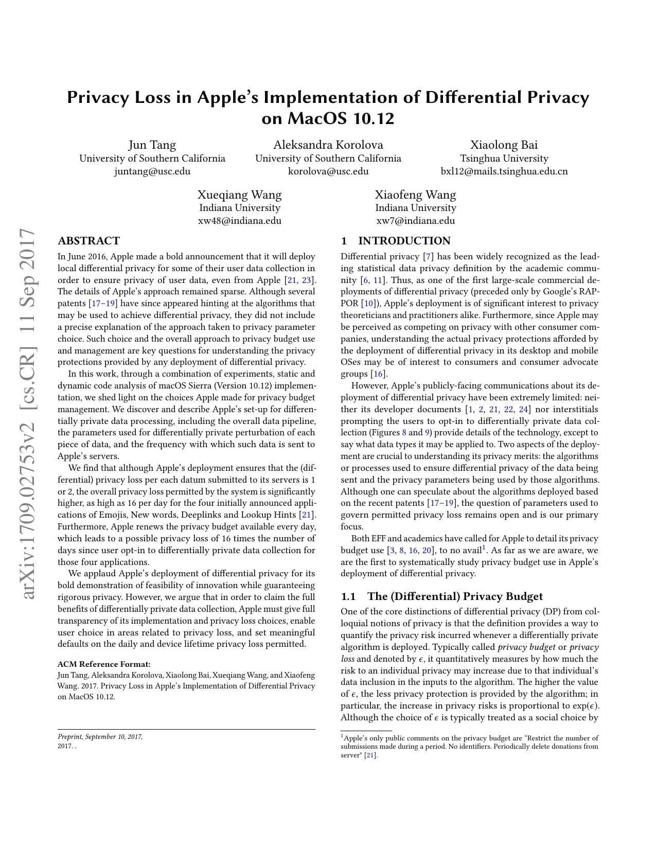 First page of "Privacy Loss in Apple's Implementation of Differential Privacy on macOS 10.12"