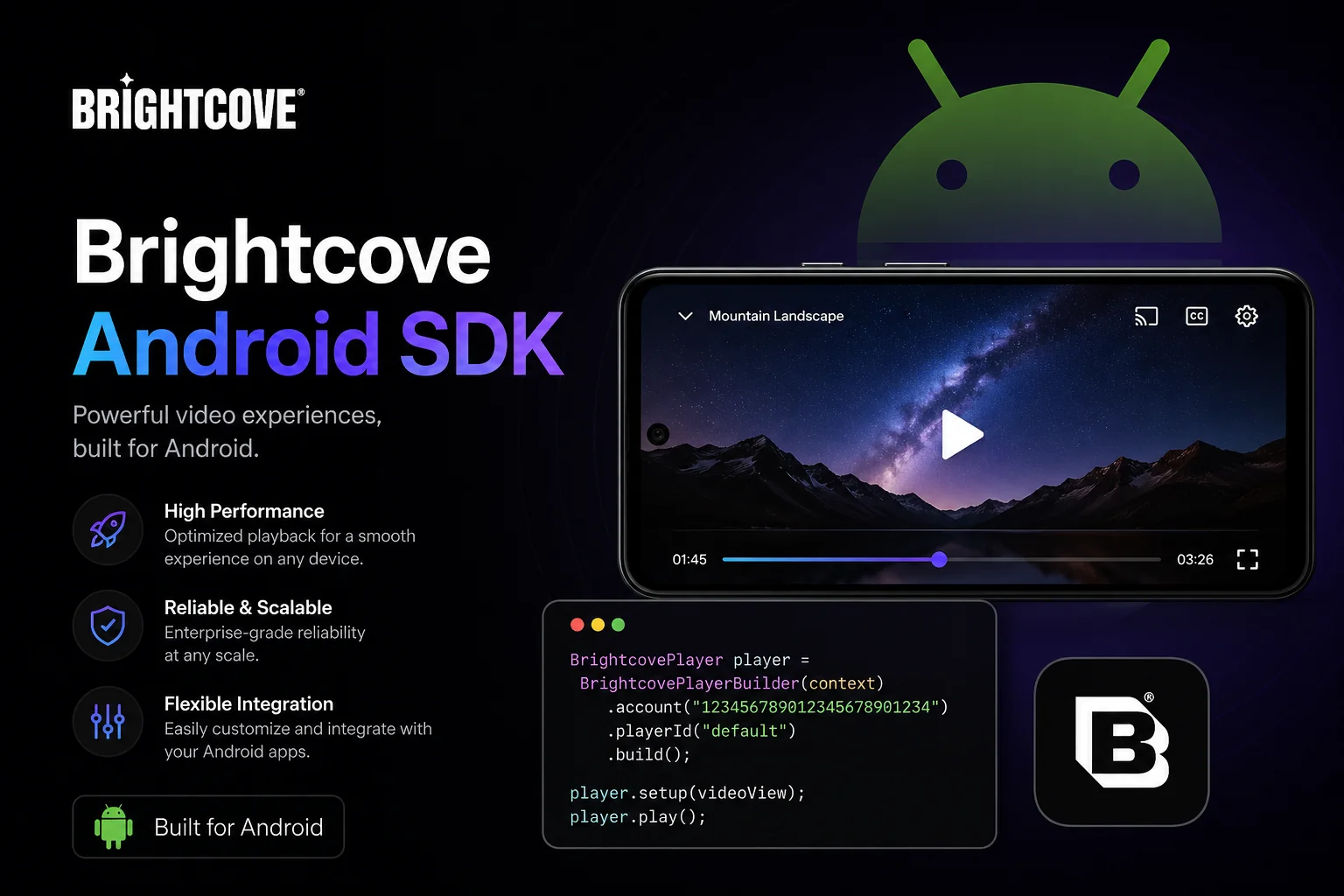 Brightcove Android SDK — powerful video experiences, built for Android. Phone playing video, code snippet, and platform features.