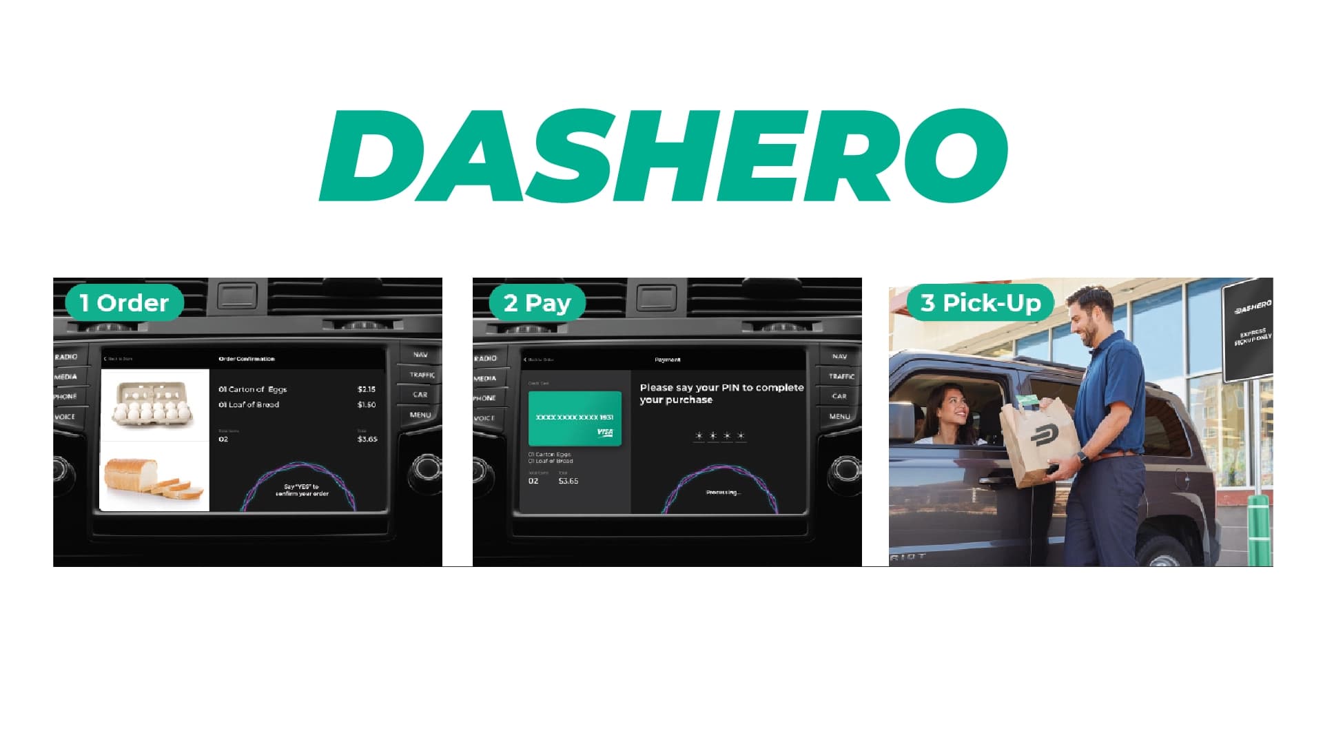 Dashero — powering the future of in-vehicle ordering and pick-up. Stylized banner with Dashero wordmark over a connected-vehicle scene.
