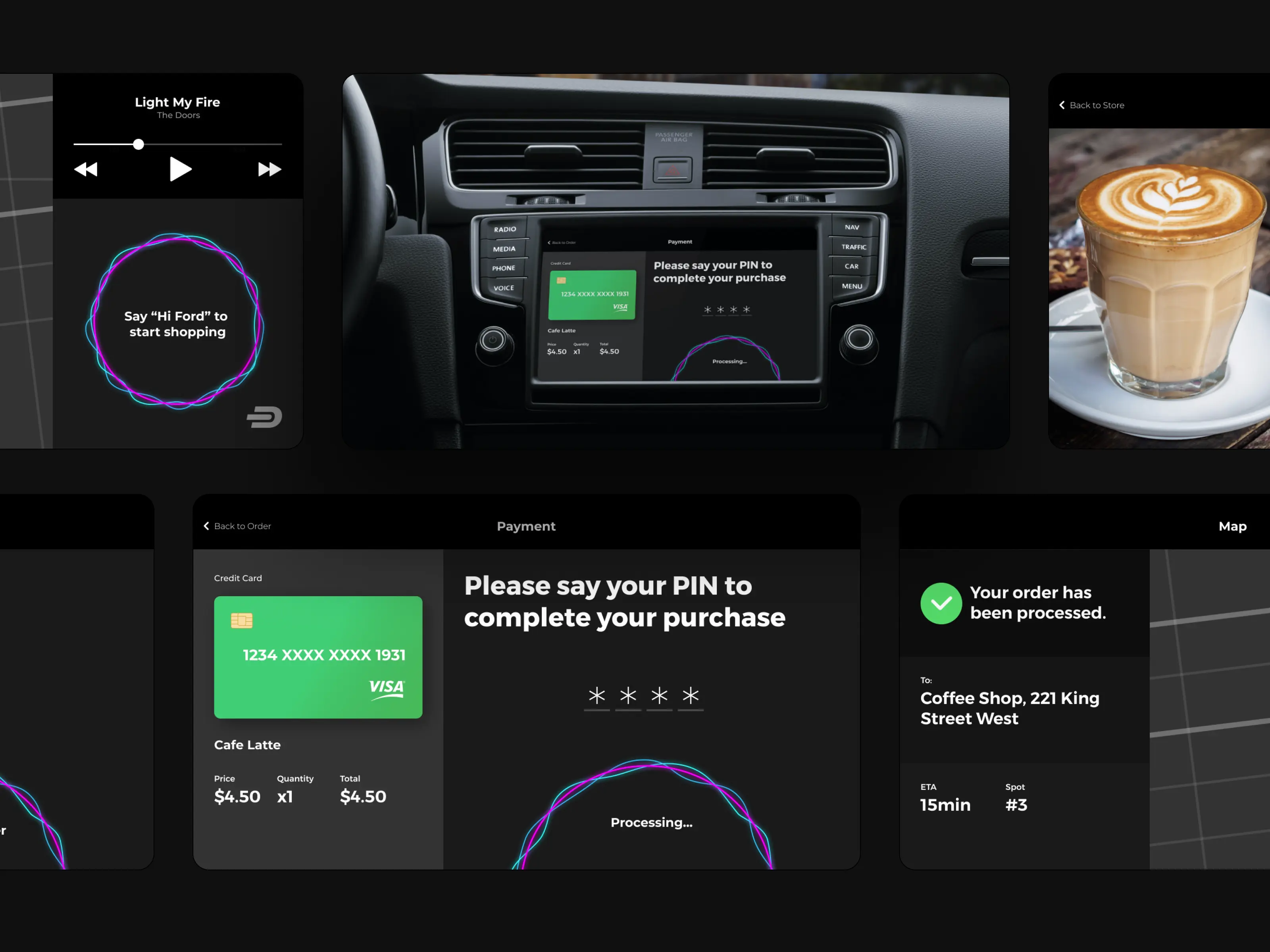 Dashero in-vehicle dashboard mockup — head-unit interface for voice-driven ordering and predictive curbside pickup.