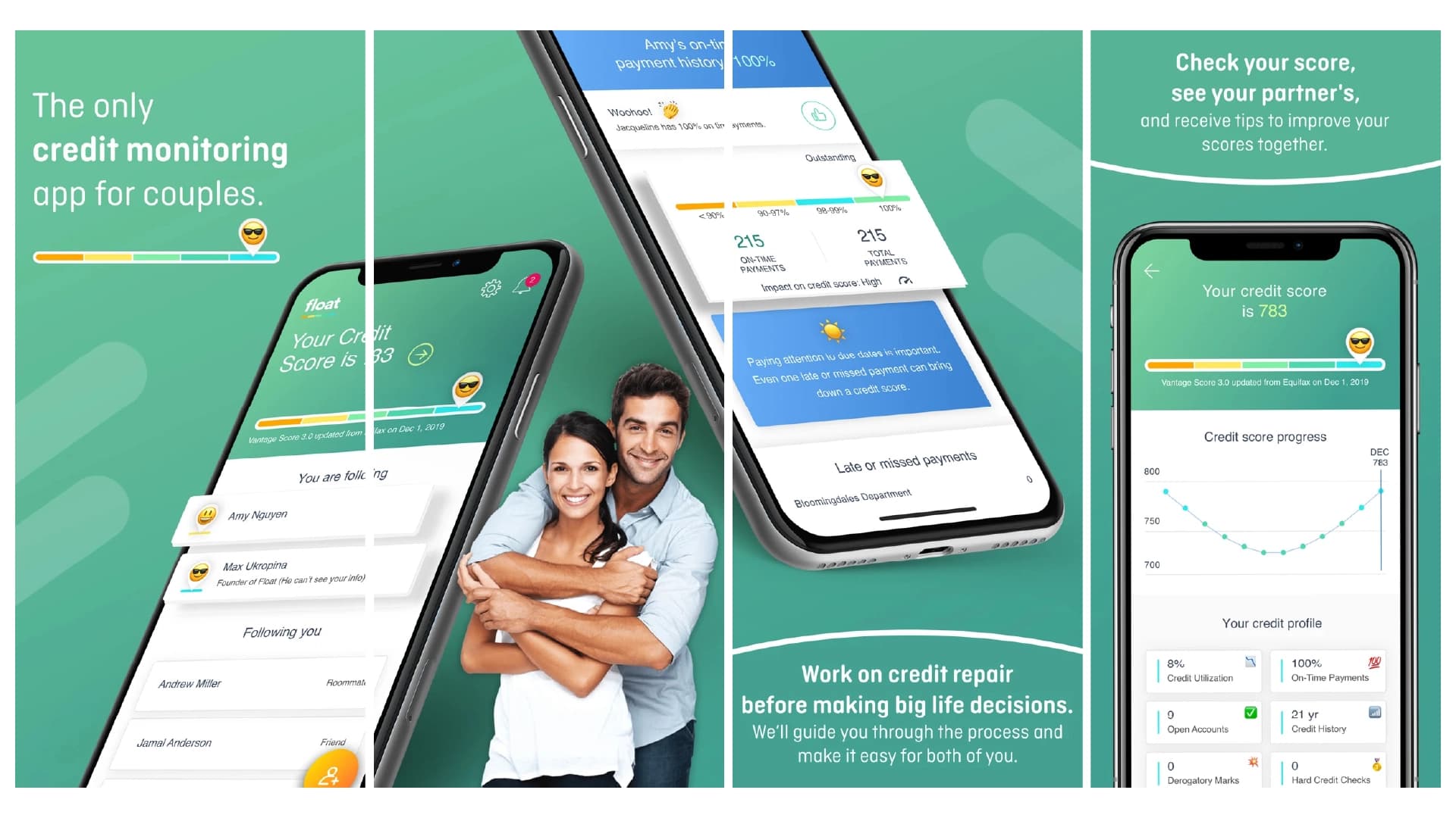 Float — credit and finance for couples. Phones showing the credit-score dashboard, sharing controls, and tips.