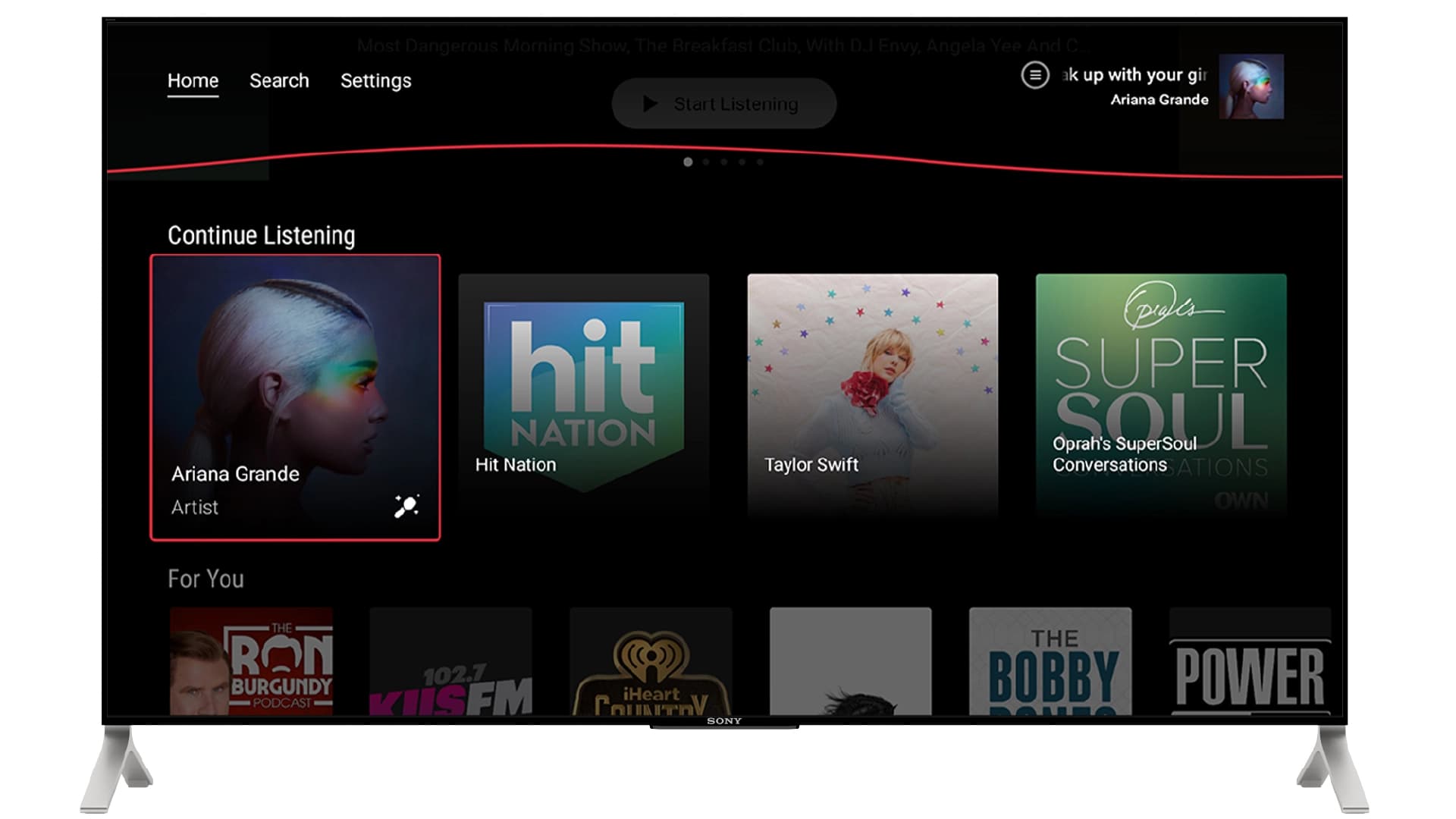 iHeartRadio TV — connected-TV experience for Android TV and Amazon Fire TV. Banner showing the iHeartRadio wordmark over a TV listening interface.