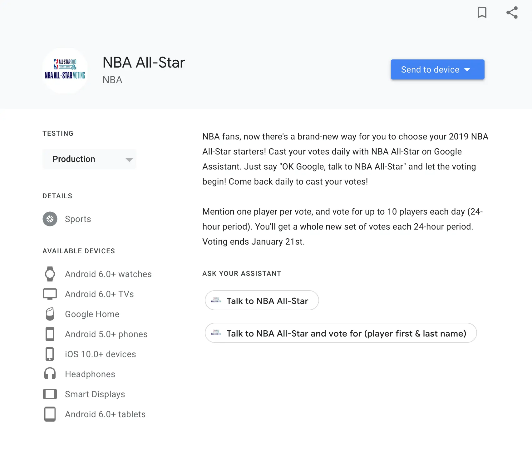 NBA All-Star Google Assistant Action directory page on assistant.google.com showing the official NBA Action listing.