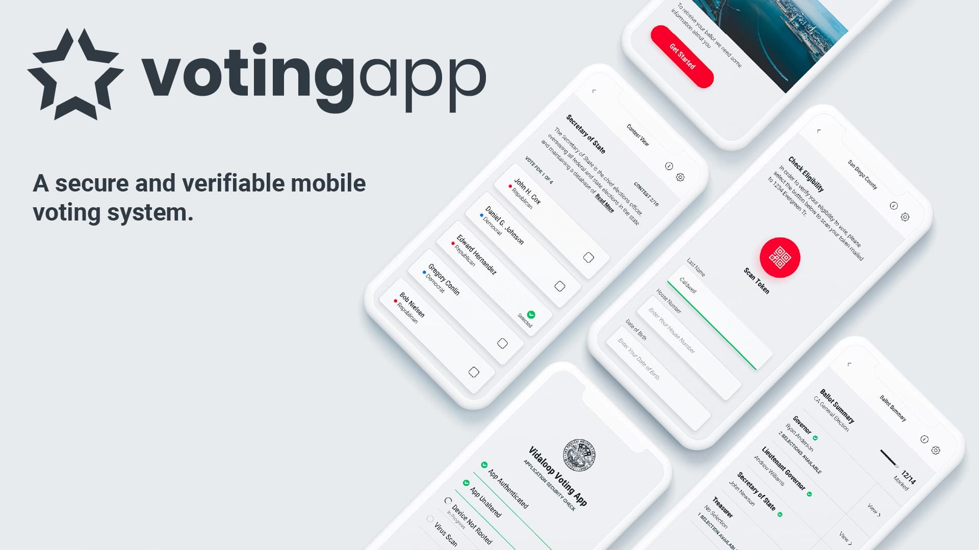 VotingApp — a secure and verifiable mobile voting system. Logo with phone screenshots of the voting workflow.